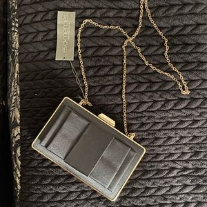*NWT* Small satin black and gold clutch with chain